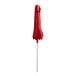 A red Lancaster Table & Seating umbrella with a silver pole and lift mechanism.