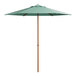 A green umbrella with a wooden pole.