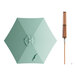 A green umbrella with a woodgrain handle and push lift mechanism.