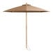 A close-up of a Lancaster Table & Seating round bamboo umbrella with a brown shade.