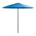 A blue umbrella with a black pole.