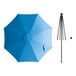 A blue umbrella with a black pole and a white lift handle.