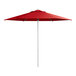 A close up of a red Lancaster Table & Seating umbrella with a silver pole.