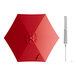 A red umbrella with a silver metal pole and push lift handle.