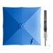 A blue Lancaster Table & Seating umbrella with a black metal pole and square handle.
