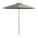 A Lancaster Table & Seating round pewter gray umbrella with a wooden pulley lift.