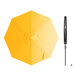 A yellow umbrella with a black handle on a black pole.