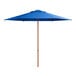 A blue umbrella with a wooden pole.