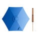 A blue umbrella with a wooden handle for a Lancaster Table & Seating woodgrain aluminum umbrella.