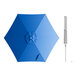 A blue umbrella with a silver metal pole and a handle.