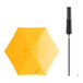 A yellow umbrella with a black pole and a white circle in the center.