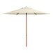 A Lancaster Table & Seating ivory umbrella with a woodgrain pole.