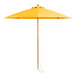 A close-up of a Lancaster Table & Seating round yellow umbrella with a wooden pole.