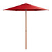 A red umbrella with a woodgrain pole.