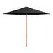 A black umbrella with a woodgrain pole.