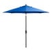 A blue umbrella with a black pole.