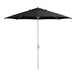 A black Lancaster Table & Seating round umbrella with a silver pole.