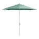 A close up of a silver aluminum Lancaster Table & Seating umbrella with a green canopy.