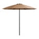 A close-up of a brown Lancaster Table & Seating umbrella with black poles.