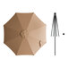 A top view of a round mocha umbrella with a black pole.