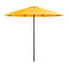 A close up of a Lancaster Table & Seating round canary yellow umbrella with a black steel lift handle.