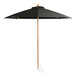 A black umbrella with a wooden pole and pulley lift system.