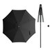 A Lancaster Table & Seating black steel umbrella with a black pole and push lift mechanism.