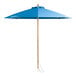 A blue umbrella with a wooden pole and pulley lift.