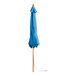 A blue umbrella on a wooden pole.