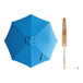 A blue umbrella with a wooden pole and pulley lift system.