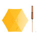 A Lancaster Table & Seating yellow woodgrain aluminum umbrella with a wooden push lift.