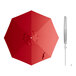 A red Lancaster Table & Seating round umbrella with a silver pole and crank lift.