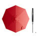 A red umbrella with a black crank handle.