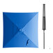 A blue umbrella with a black pole and handle.