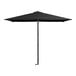 A black Lancaster Table & Seating square umbrella with a pole.