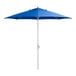 A blue umbrella with a silver pole.