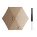 A beige round umbrella with a black push lift.