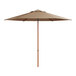 A tan umbrella with a woodgrain pattern on the pole and a brown shade.