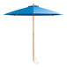 A blue umbrella with a wooden pole and pulley lift.