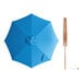 A blue umbrella with a wooden pole and pulley lift.