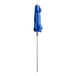 A Lancaster Table & Seating cobalt blue umbrella on a metal pole.