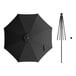 A black umbrella with a black pole and a white button.