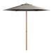 A Lancaster Table & Seating round graphite umbrella with a woodgrain pole.