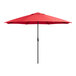 A close up of a red Lancaster Table & Seating umbrella with a crank lift.