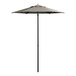 A Lancaster Table & Seating graphite umbrella on a pole over a white table.