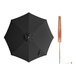 A black umbrella with a wooden pole.