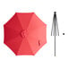 A red umbrella with a black pole and a black stand with many long black rods.