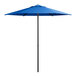 A cobalt blue umbrella with a black pole on a white background.