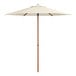 A white umbrella with a woodgrain pole and lift mechanism.