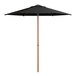 A black umbrella with a woodgrain pole.